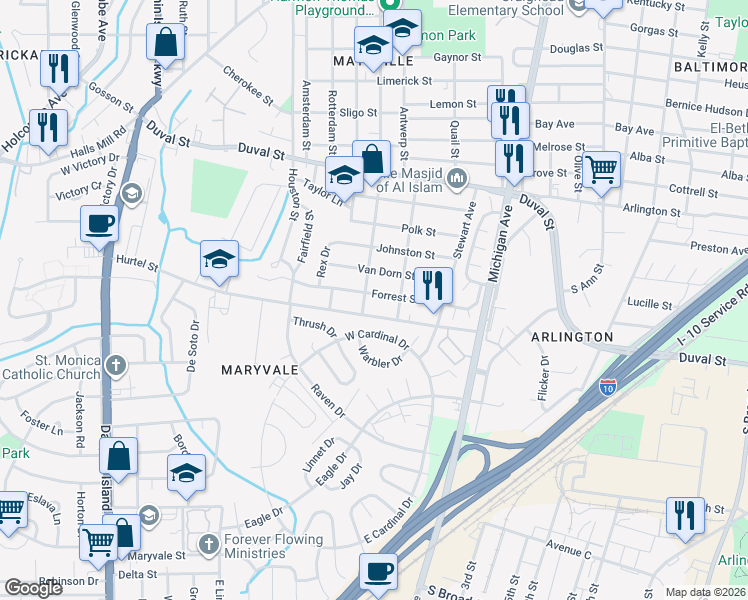 map of restaurants, bars, coffee shops, grocery stores, and more near 1650 Hurtel Street in Mobile