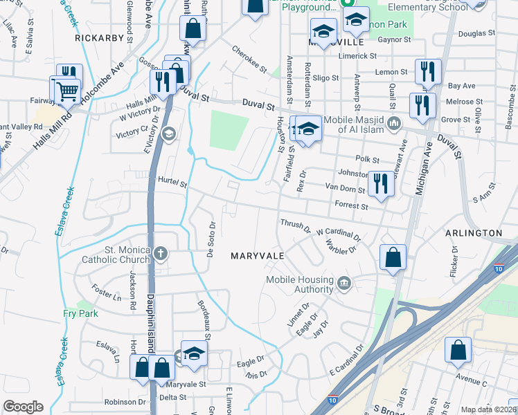 map of restaurants, bars, coffee shops, grocery stores, and more near 1901 Hurtel Street in Mobile