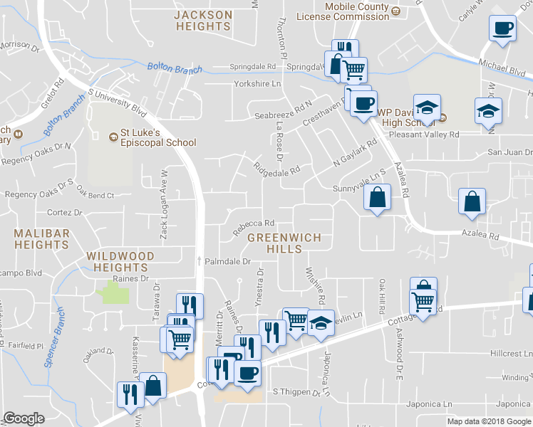 map of restaurants, bars, coffee shops, grocery stores, and more near 603 Shalimar Road in Mobile