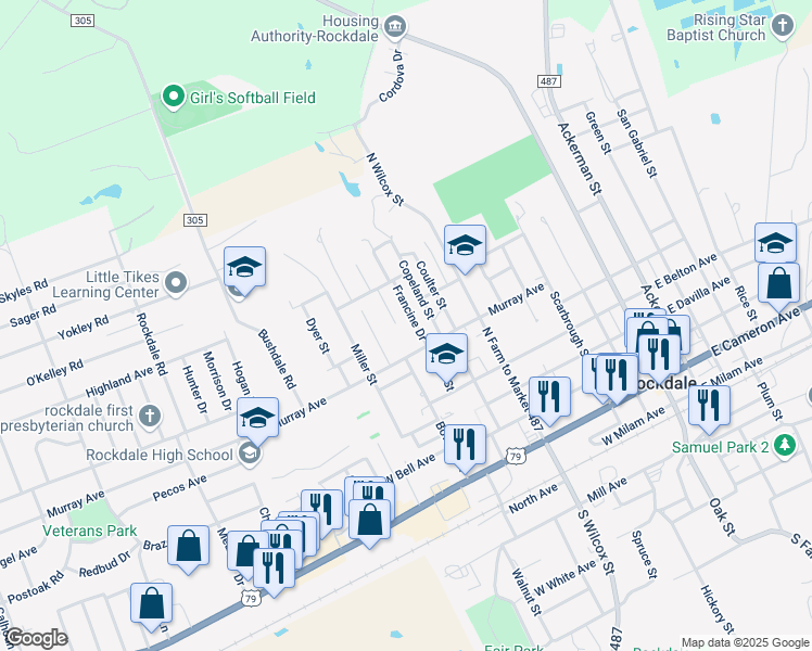 map of restaurants, bars, coffee shops, grocery stores, and more near 601-699 Francine Drive in Rockdale