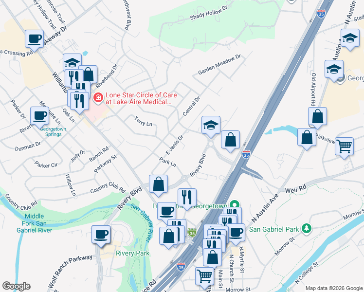 map of restaurants, bars, coffee shops, grocery stores, and more near 1602 Westwood Lane in Georgetown