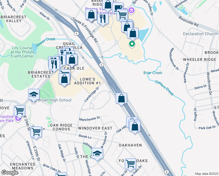 map of restaurants, bars, coffee shops, grocery stores, and more near 3300 Texas 6 Frontage Road in Bryan