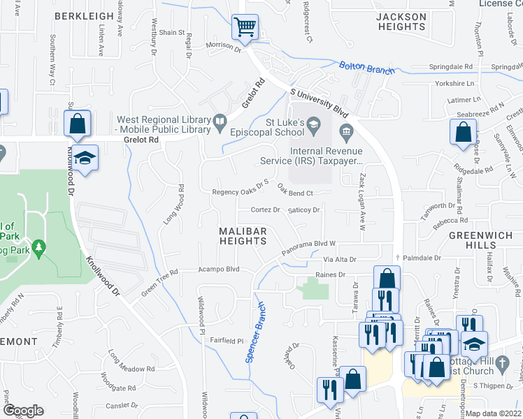 map of restaurants, bars, coffee shops, grocery stores, and more near 5471 Cortez Drive in Mobile