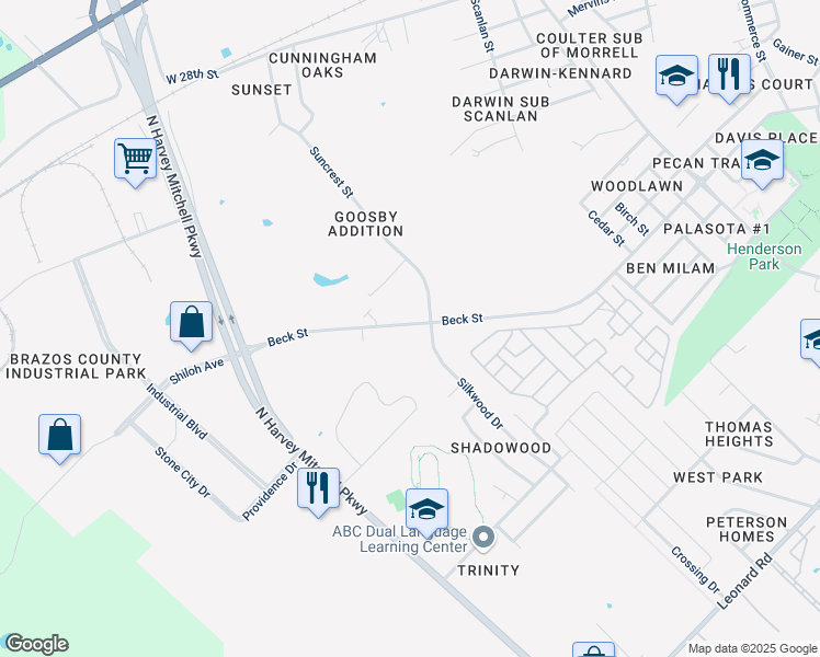 map of restaurants, bars, coffee shops, grocery stores, and more near 2601-2705 Beck Street in Bryan