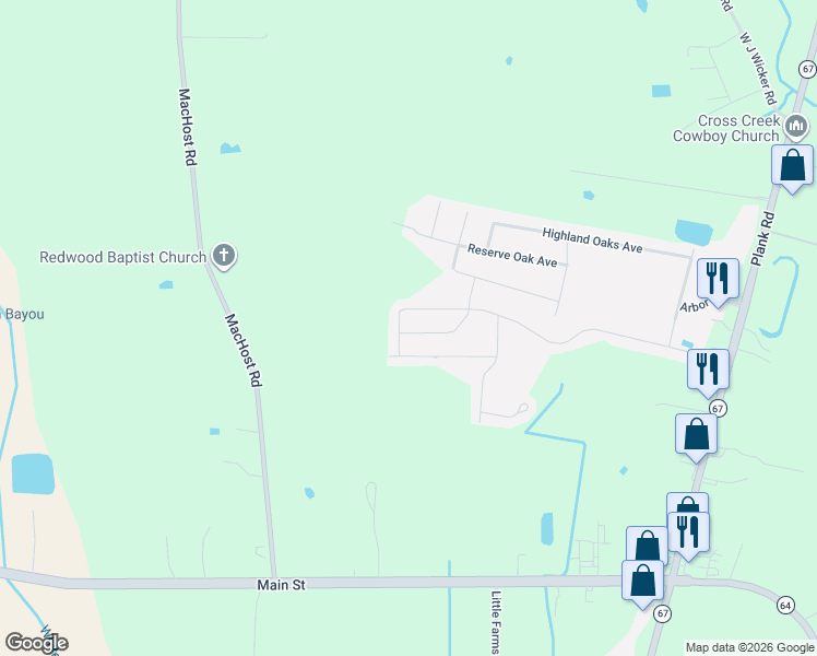 map of restaurants, bars, coffee shops, grocery stores, and more near 8624 Hackberry Ridge Avenue in Zachary