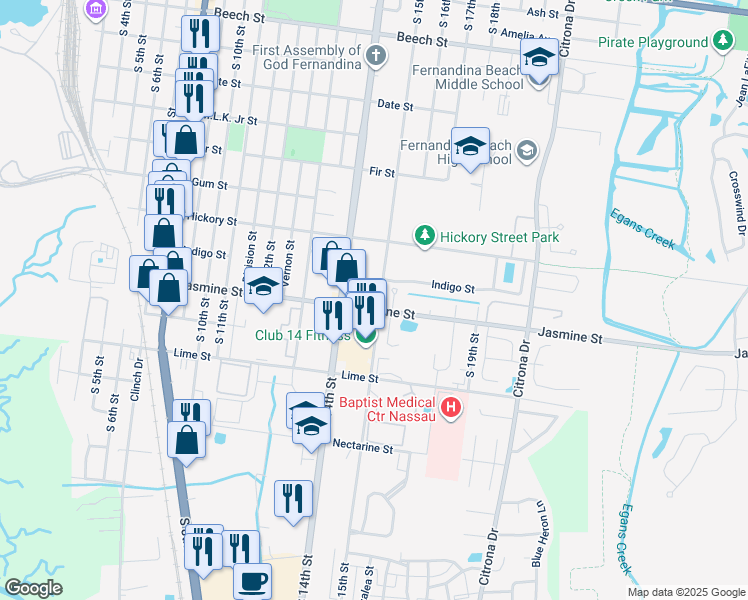 map of restaurants, bars, coffee shops, grocery stores, and more near 1011 Isle Of Palms Lane in Fernandina Beach