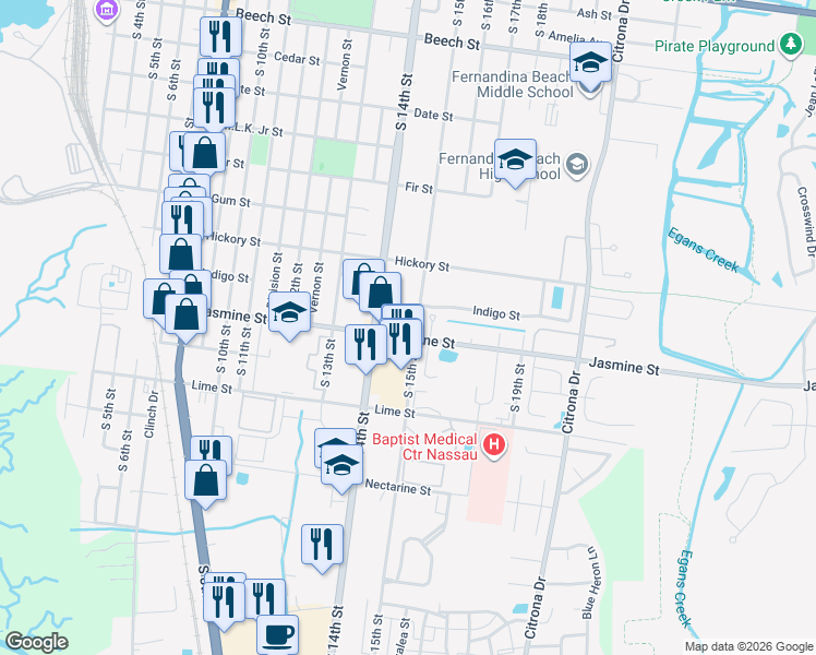 map of restaurants, bars, coffee shops, grocery stores, and more near 1011 Isle Of Palms Lane in Fernandina Beach