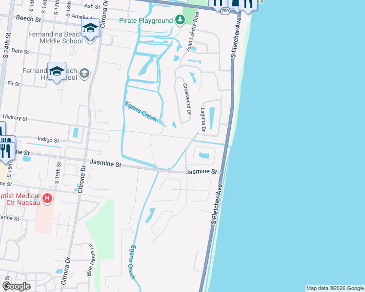 map of restaurants, bars, coffee shops, grocery stores, and more near 27 Jean LaFitte Boulevard in Fernandina Beach