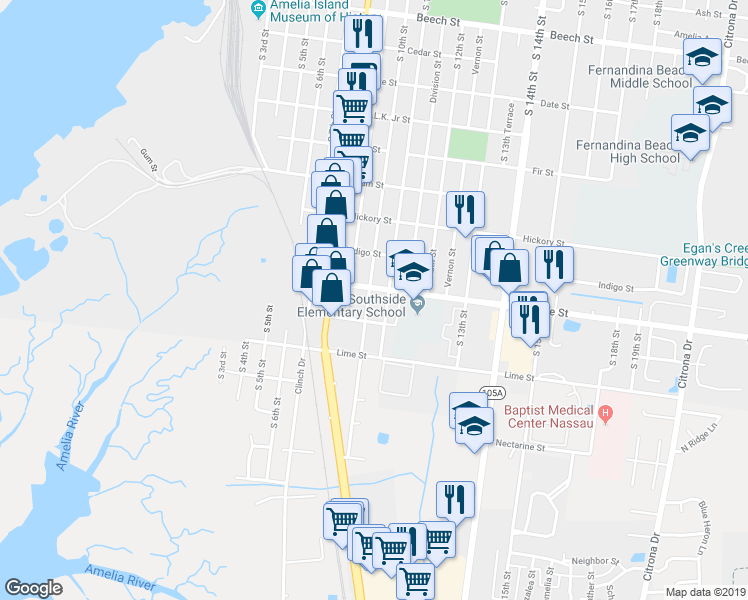 map of restaurants, bars, coffee shops, grocery stores, and more near 1020 South 10th Street in Fernandina Beach