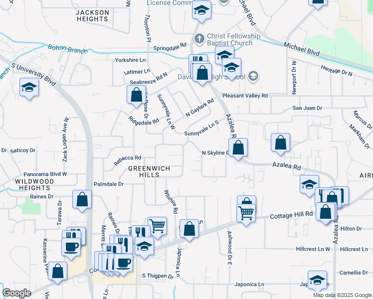 map of restaurants, bars, coffee shops, grocery stores, and more near 602 Skyline Drive South in Mobile