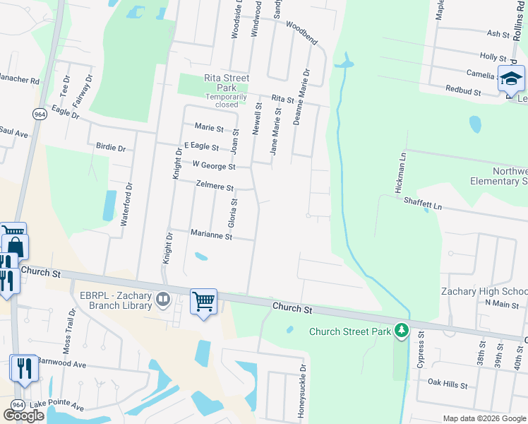 map of restaurants, bars, coffee shops, grocery stores, and more near 5110 Newell Street in Zachary
