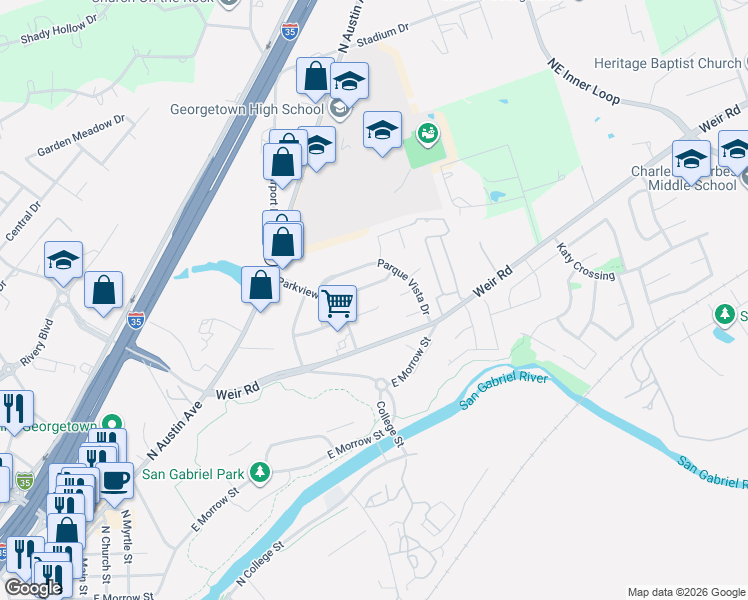 map of restaurants, bars, coffee shops, grocery stores, and more near 213 Rio Vista Drive in Georgetown