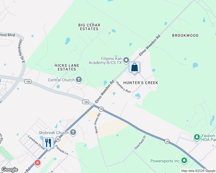 map of restaurants, bars, coffee shops, grocery stores, and more near 4270-4388 Elmo Weedon Rd in College Station