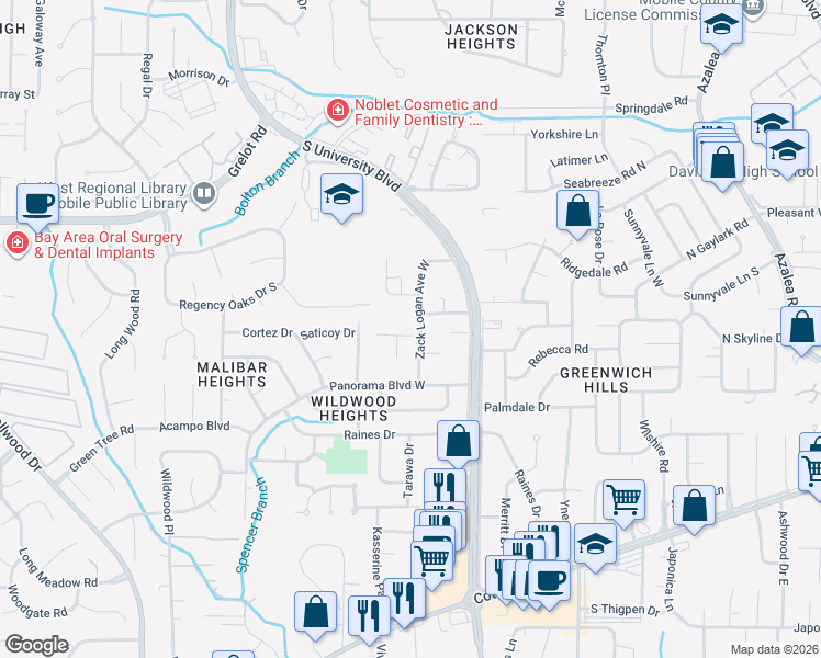 map of restaurants, bars, coffee shops, grocery stores, and more near 1601 Charmey St in Mobile