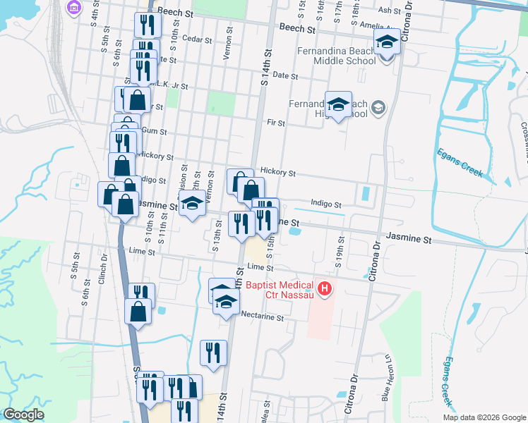 map of restaurants, bars, coffee shops, grocery stores, and more near 1008 South 14th Street in Fernandina Beach