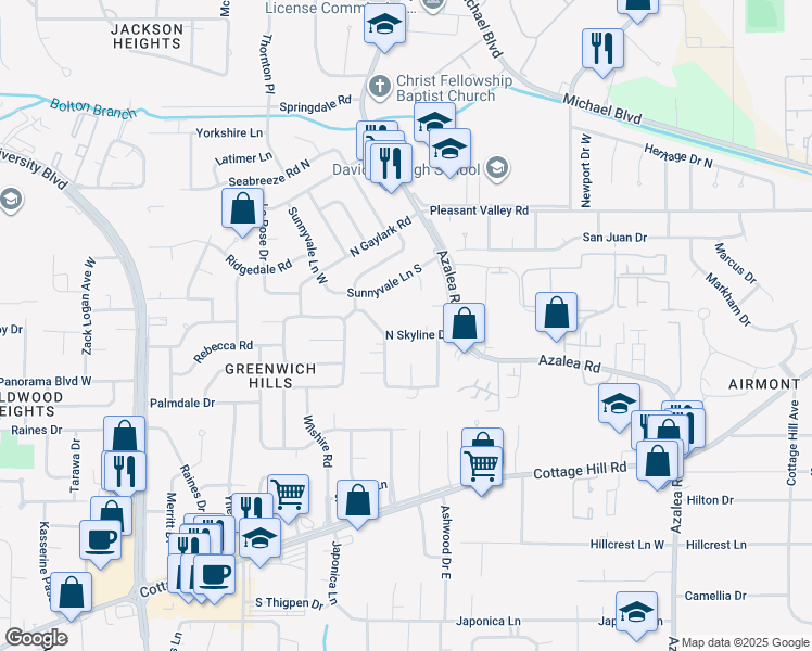 map of restaurants, bars, coffee shops, grocery stores, and more near 4112 North Skyline Drive in Mobile