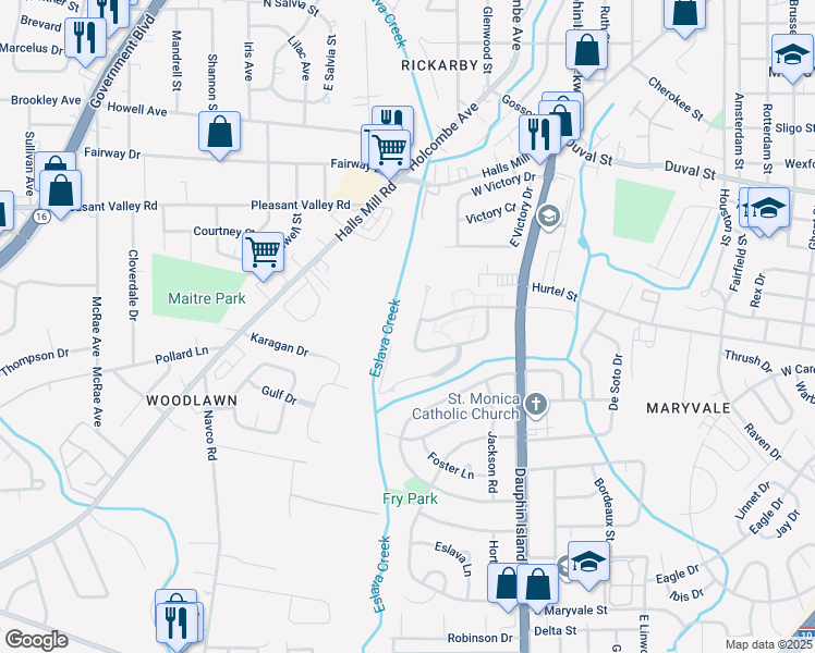 map of restaurants, bars, coffee shops, grocery stores, and more near 1058 West Woodlawn Drive in Mobile