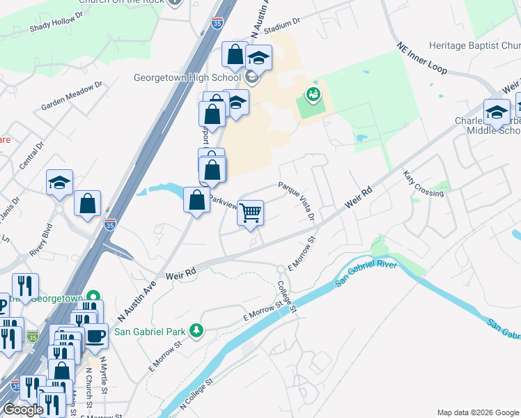 map of restaurants, bars, coffee shops, grocery stores, and more near 206 Rio Vista Drive in Georgetown