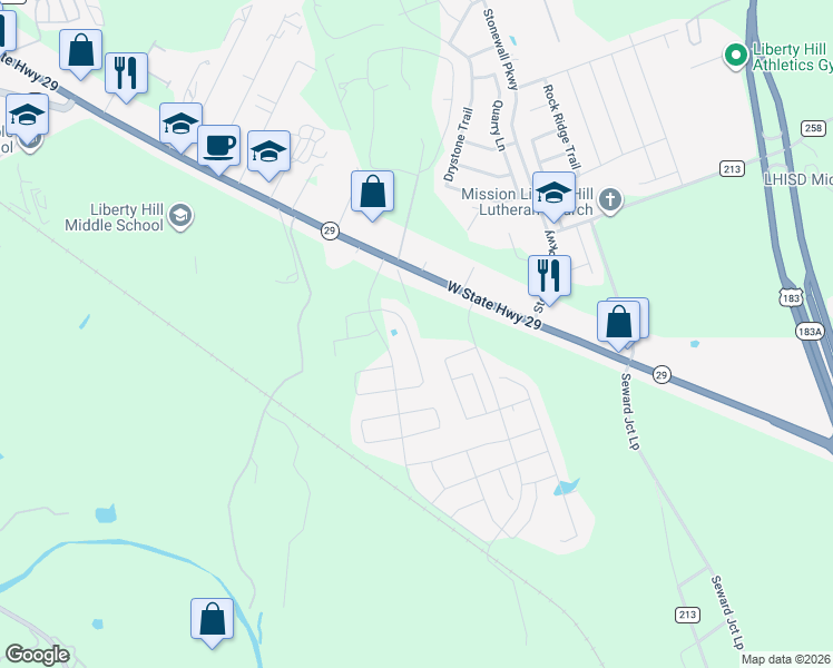 map of restaurants, bars, coffee shops, grocery stores, and more near 285 Mount Vernon Way in Liberty Hill
