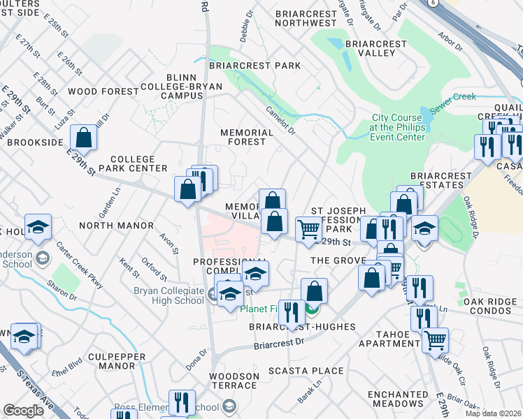 map of restaurants, bars, coffee shops, grocery stores, and more near 2729A East 29th Street in Bryan