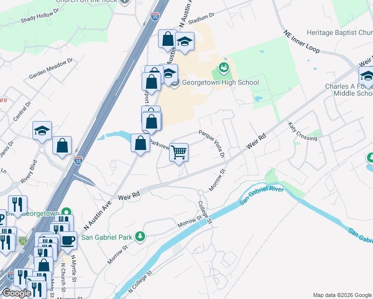 map of restaurants, bars, coffee shops, grocery stores, and more near 206 Rio Vista Drive in Georgetown