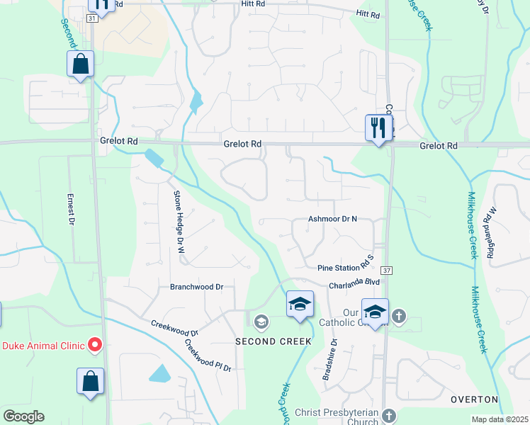 map of restaurants, bars, coffee shops, grocery stores, and more near 7417-7427 Adamoor Court in Mobile