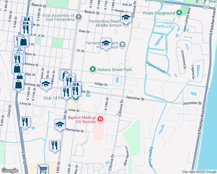 map of restaurants, bars, coffee shops, grocery stores, and more near 1888 Indigo Street in Fernandina Beach