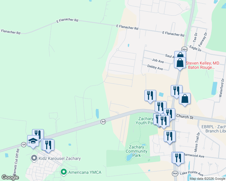 map of restaurants, bars, coffee shops, grocery stores, and more near 1501 Pecan Crossing Avenue in Zachary