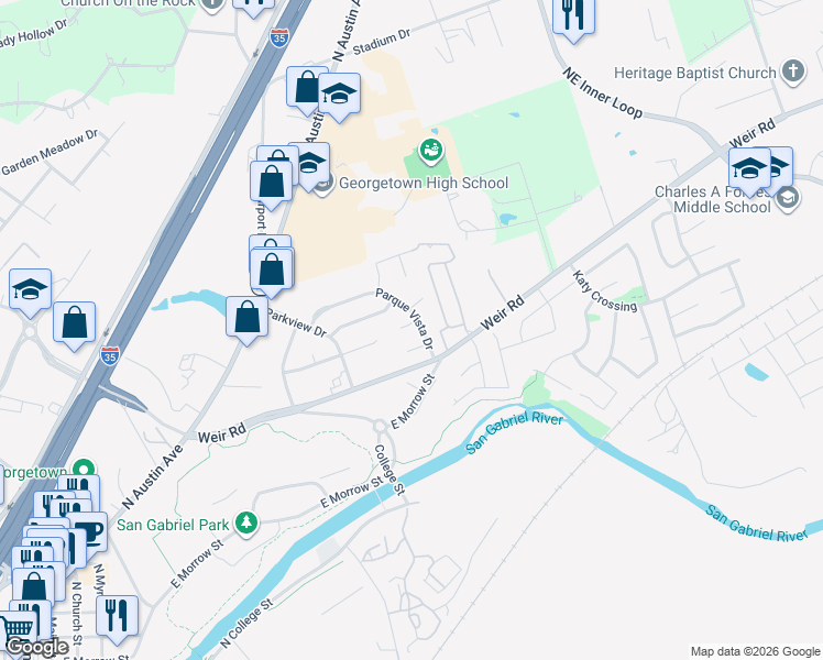 map of restaurants, bars, coffee shops, grocery stores, and more near 109 Parque Circle in Georgetown