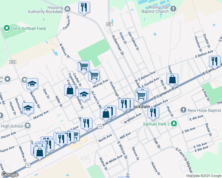 map of restaurants, bars, coffee shops, grocery stores, and more near 439 Scarbrough Street in Rockdale