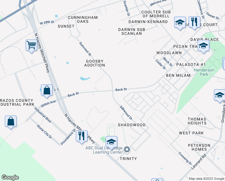 map of restaurants, bars, coffee shops, grocery stores, and more near 2601 Beck Street in Bryan