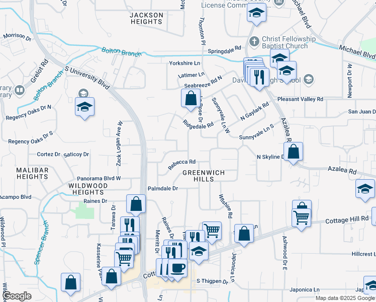 map of restaurants, bars, coffee shops, grocery stores, and more near 4101 Tamworth Drive in Mobile