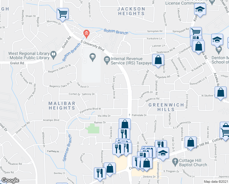 map of restaurants, bars, coffee shops, grocery stores, and more near 500 Zack Logan Avenue West in Mobile