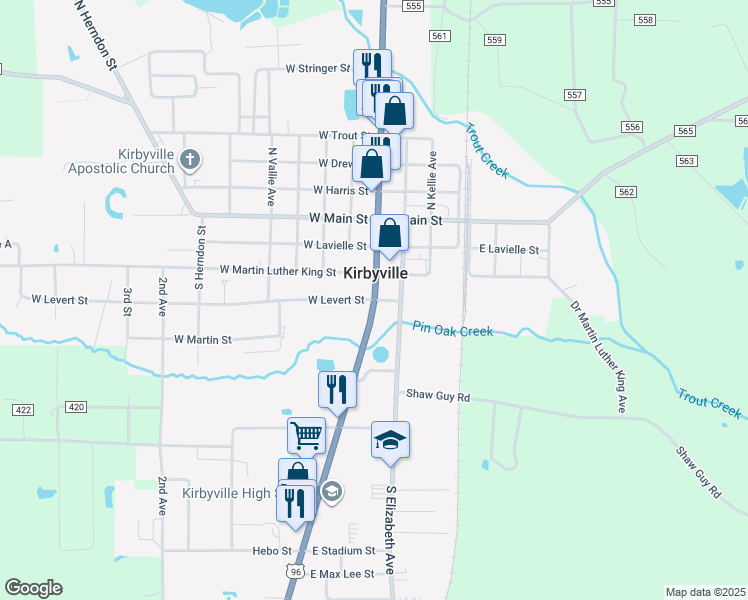map of restaurants, bars, coffee shops, grocery stores, and more near 101 West Levert Street in Kirbyville