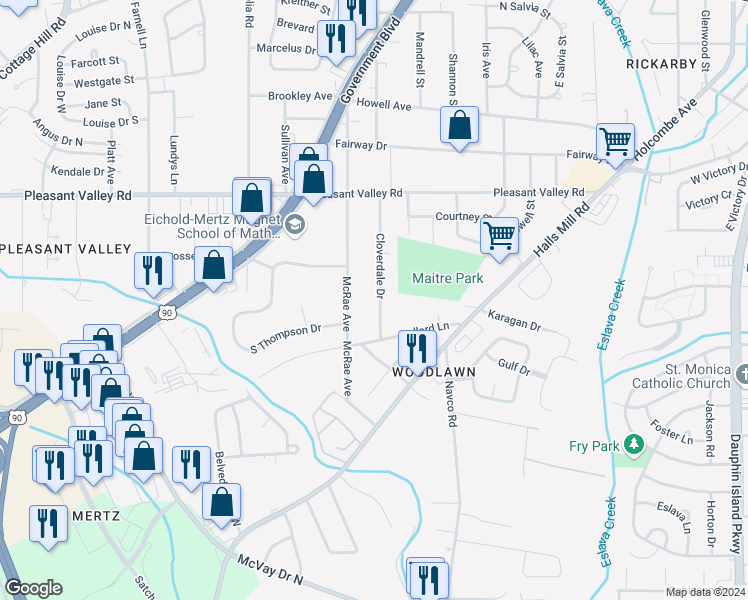 map of restaurants, bars, coffee shops, grocery stores, and more near 1054 Cloverdale Drive in Mobile