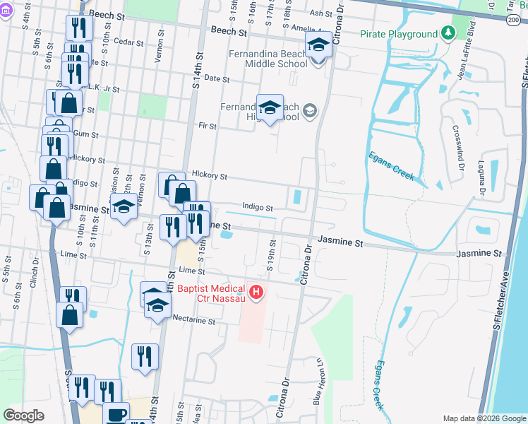map of restaurants, bars, coffee shops, grocery stores, and more near 933 South 18th Street in Fernandina Beach
