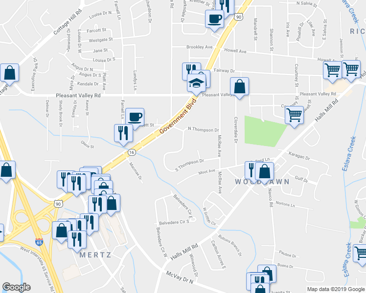 map of restaurants, bars, coffee shops, grocery stores, and more near 2766 North Thompson Drive in Mobile
