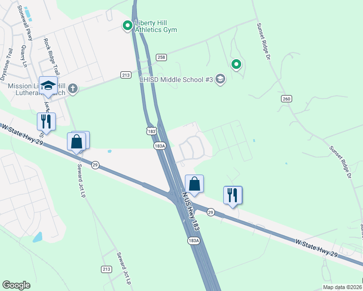 map of restaurants, bars, coffee shops, grocery stores, and more near 380 U.S. 183 in Liberty Hill