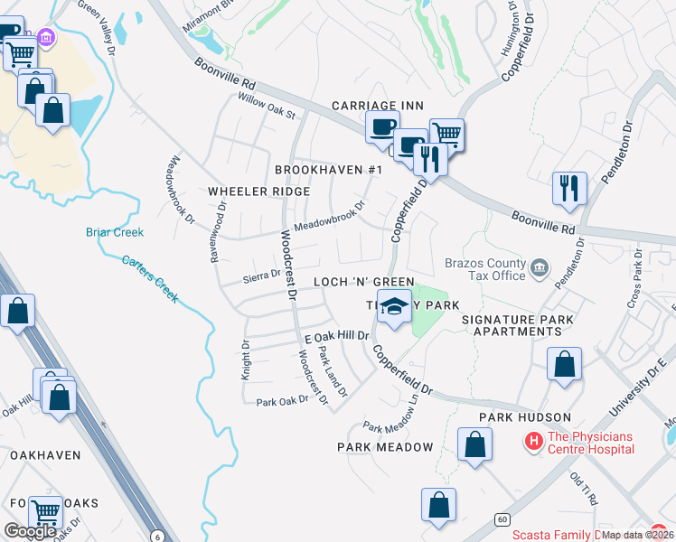 map of restaurants, bars, coffee shops, grocery stores, and more near 3924 Seminole Court in Bryan