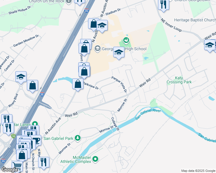 map of restaurants, bars, coffee shops, grocery stores, and more near 120 Parque Vista Drive in Georgetown
