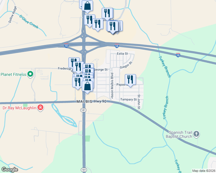 map of restaurants, bars, coffee shops, grocery stores, and more near 29711 Jason Malbis Boulevard in Daphne