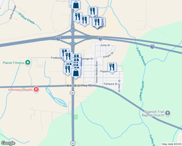 map of restaurants, bars, coffee shops, grocery stores, and more near 10151-10161 Papas Street in Daphne