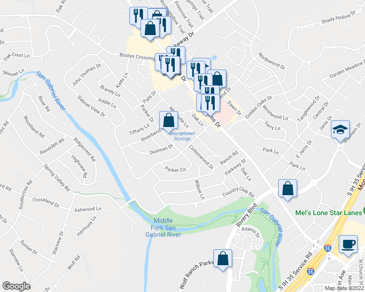 map of restaurants, bars, coffee shops, grocery stores, and more near 803 Power Road in Georgetown