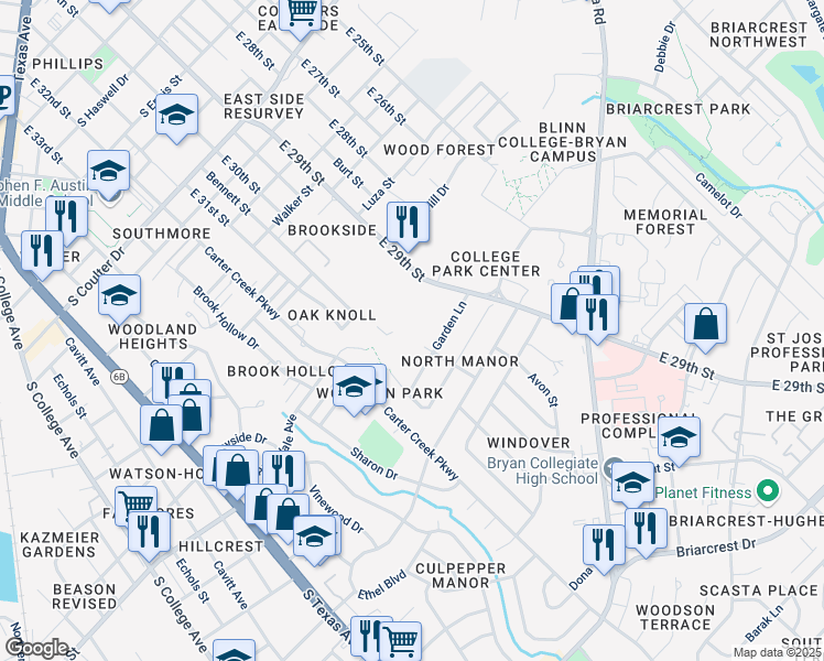 map of restaurants, bars, coffee shops, grocery stores, and more near 2001 E 29th St in Bryan