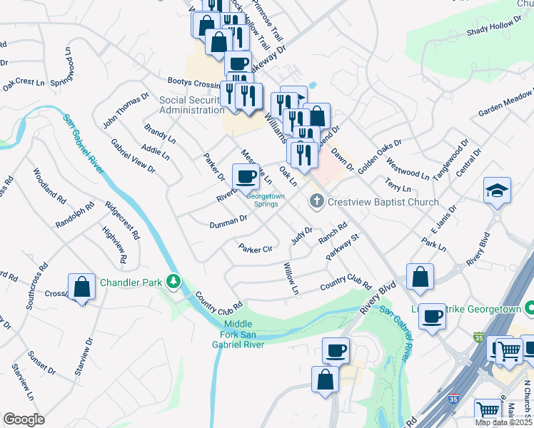 map of restaurants, bars, coffee shops, grocery stores, and more near 702 Dunman Drive in Georgetown