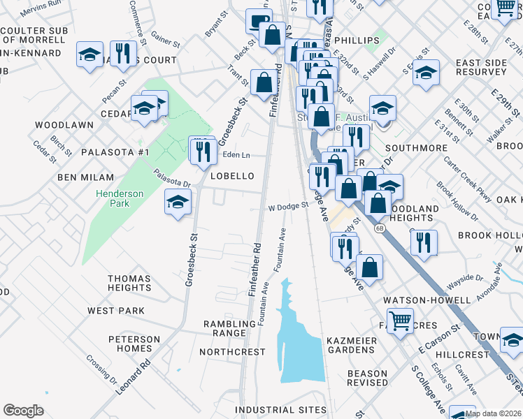 map of restaurants, bars, coffee shops, grocery stores, and more near 1601 Finfeather Road in Bryan