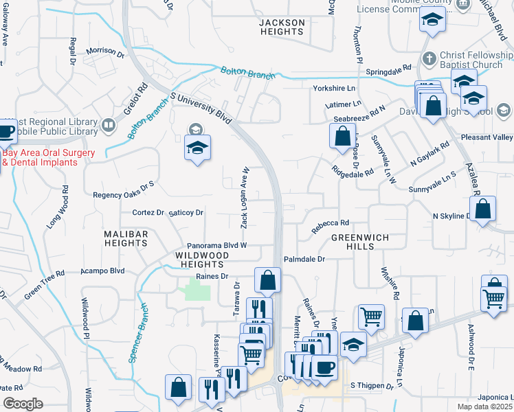 map of restaurants, bars, coffee shops, grocery stores, and more near 4215 Aurelia Street in Mobile