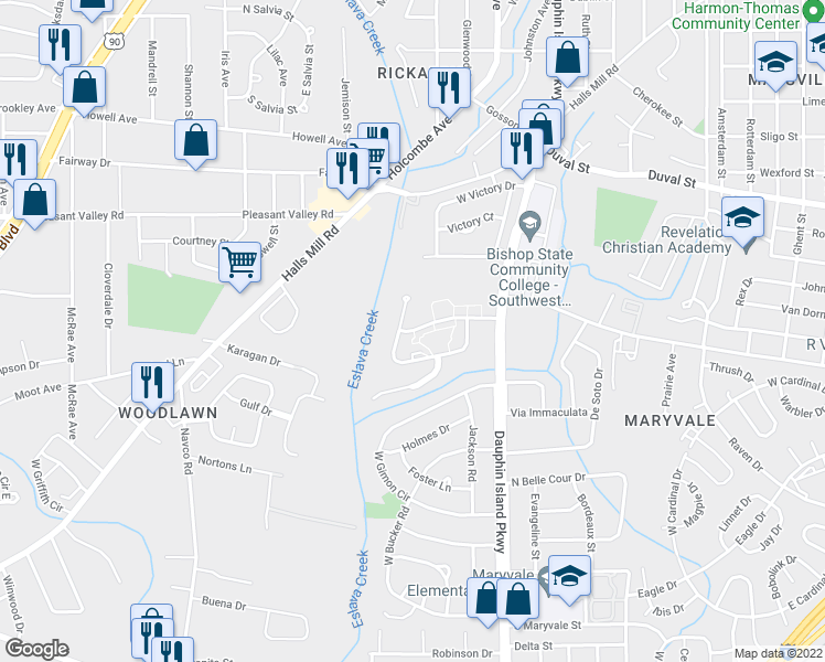 map of restaurants, bars, coffee shops, grocery stores, and more near 2102 North Woodlawn Drive in Mobile