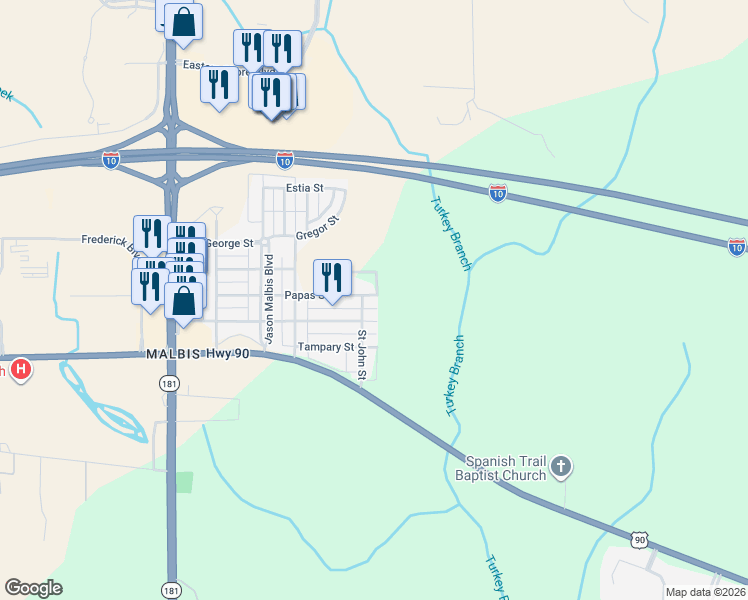 map of restaurants, bars, coffee shops, grocery stores, and more near 10475 Papas Street in Daphne