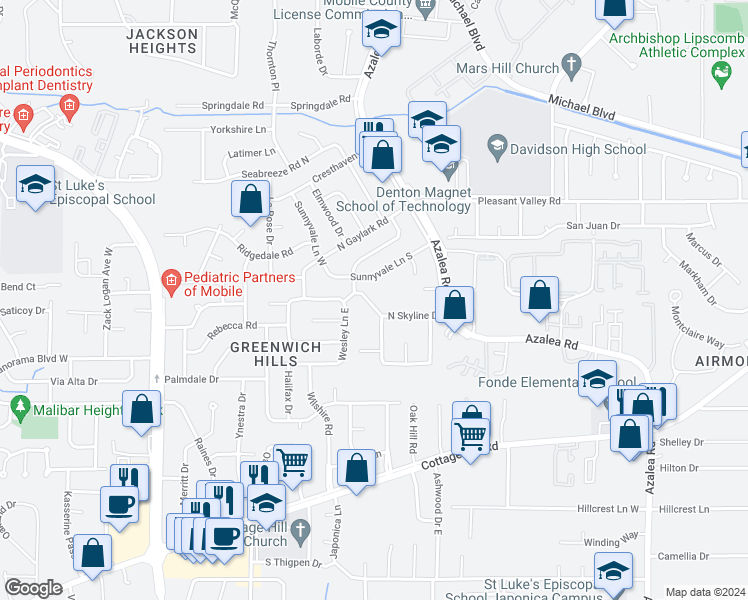 map of restaurants, bars, coffee shops, grocery stores, and more near 605 Pine Ridge Place in Mobile